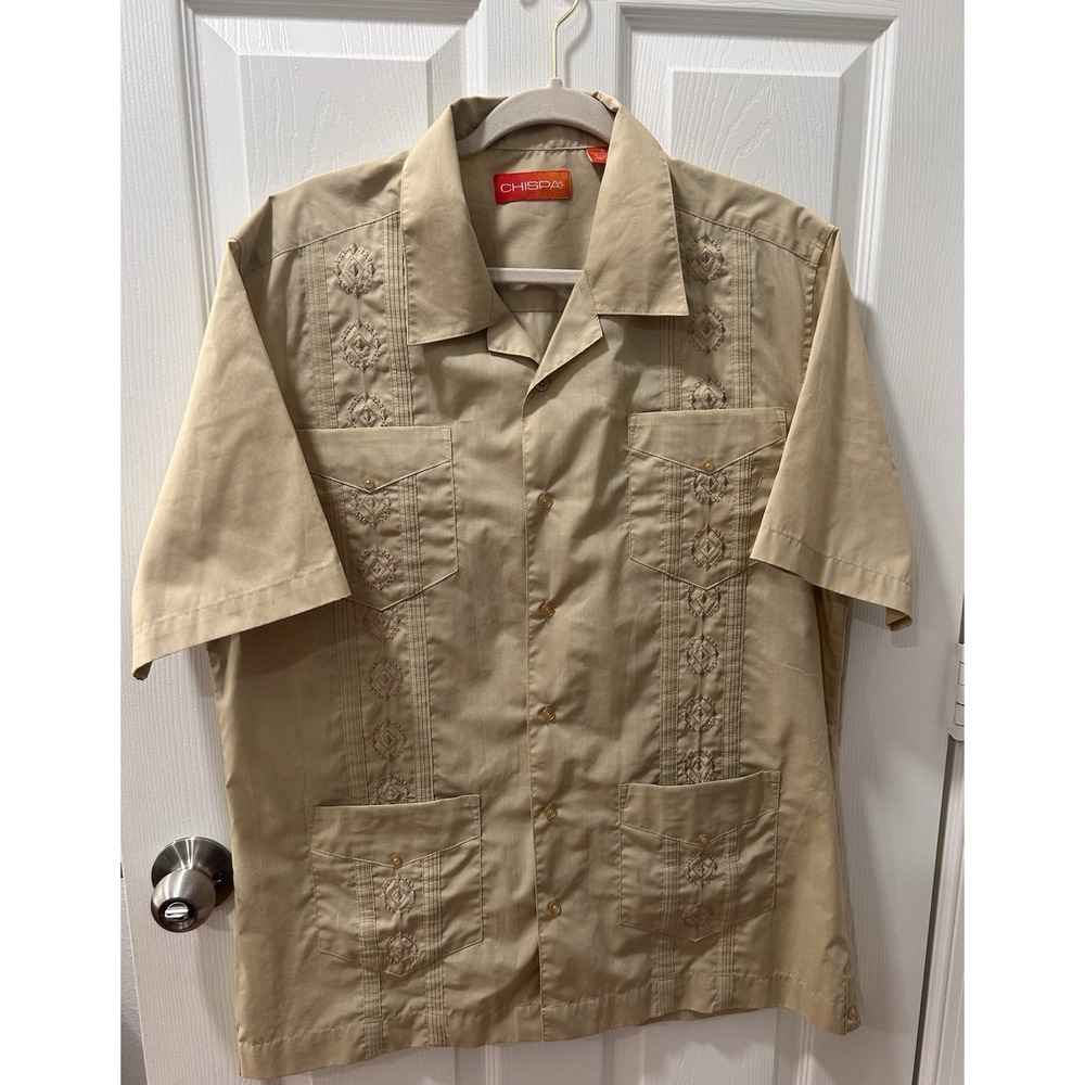 Chispa Guayabera Short Sleeve Dress Shirt Mens Lg Beige Embroidered Cuban Tropic